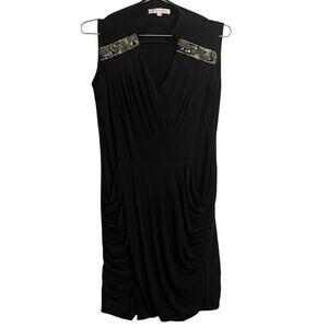 Joy Joy Black Jersey V Neck Sleeveless Embellished Shoulder Dress S